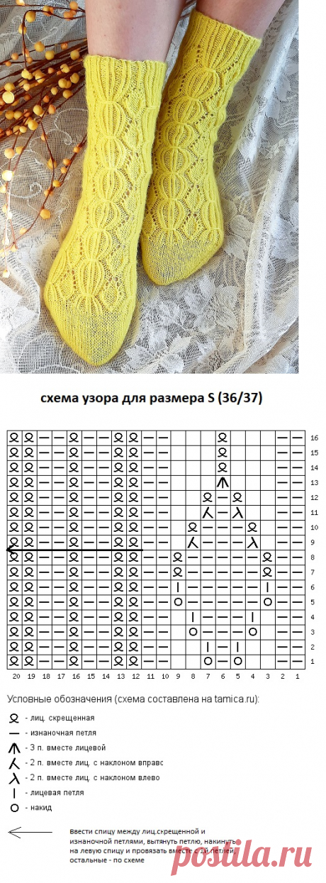 порадуйте себя шикарными носочками с красивым узором - схема для размера S (36/37 размер), носочная пряжа 420м/100г, спицы № 2,0 для манжеты, № 2,25 - основное полотно