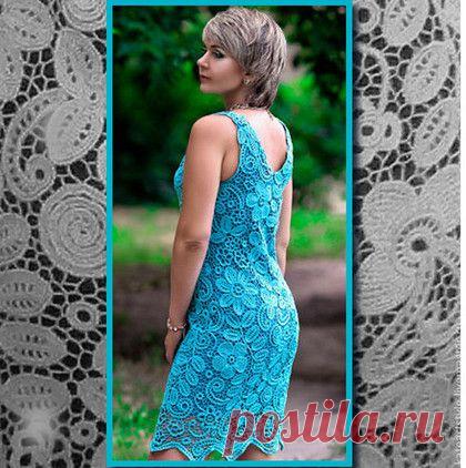Платье вязаное в технике ирландского кружева Бирюза - бирюзовый,цветочный