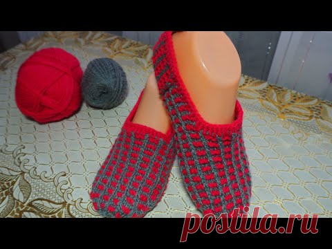 ТАПОЧКИ  СПИЦАМИ  УЗОР  ЦВЕТНАЯ КЛЕТКА