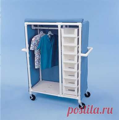 PVC rolling storage cart... Great for bed rooms with no closet or very little storage.