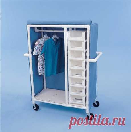 PVC rolling storage cart... Great for bed rooms with no closet or very little storage.