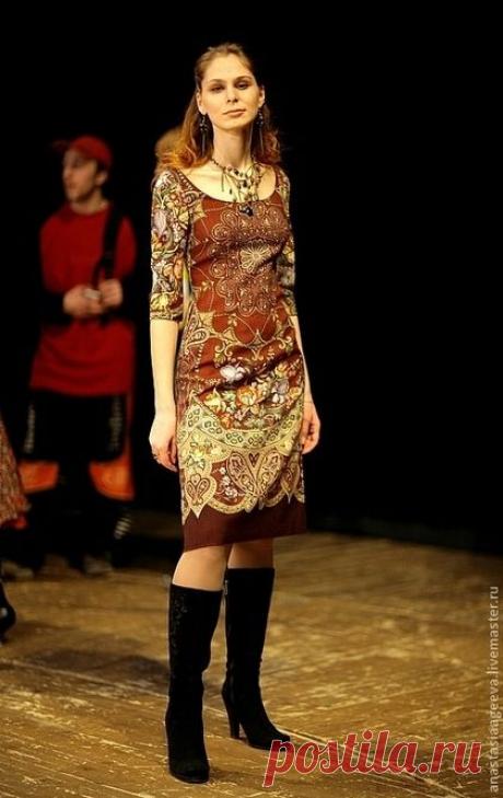 Купить Платье из платка &quot;Княжеский&quot;. - коричневый, орнамент, одежда из платков, стильное платье, красивое платье