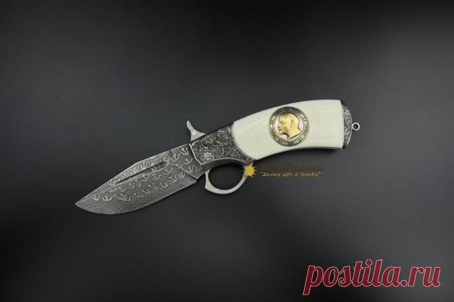 Нож складной «СССР» от Bon Cadeau. Мозаичный дамаск. Гравировка. Ленин. Всечка золотом.