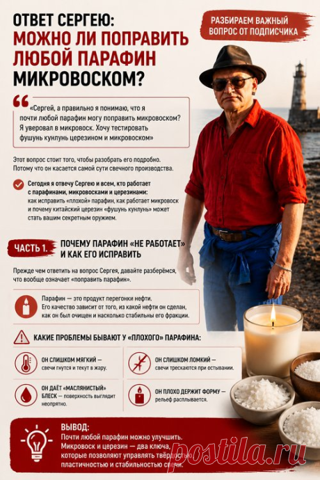 🧪 Промышленный рецепт Сергея Жердева: как он превращает «обычный» парафин в свечи, которые экспортируются в три страны Статья автора «Свечи, деньги, два станка: Хроники свечного барона» в Дзене ✍: Вместо введения: человек, который строит своё производство В мире свечного дела есть два типа людей.