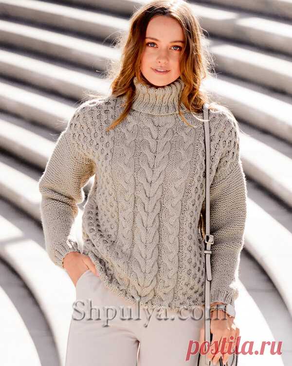 Пуловер с «Косами» и воротником гольф | ШПУЛЯ - описания вязания спицами | Яндекс Дзен
