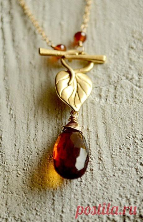 Cognac quartz necklace, leaf toggle necklace gold, leaf necklace, orange stone…