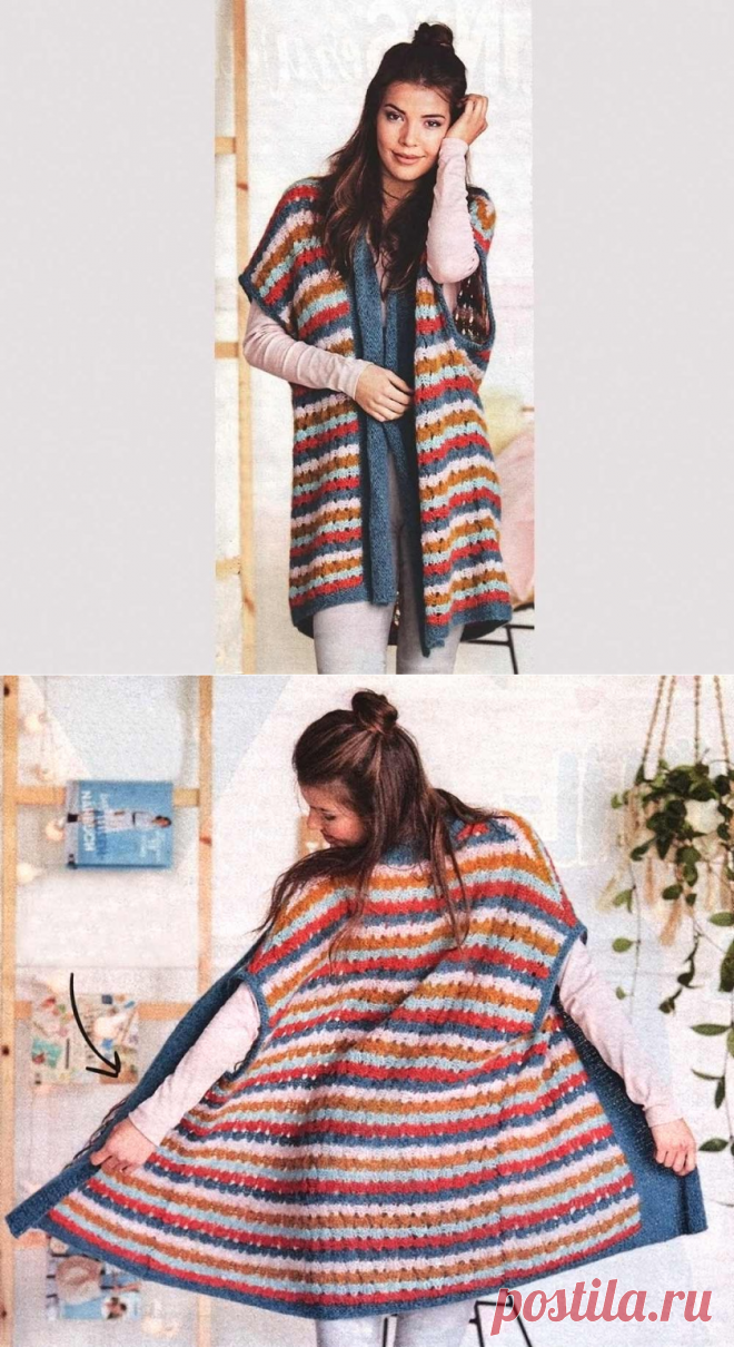 Длинный ажурный жилет в полоски. Спицами. / hobby-as.ru