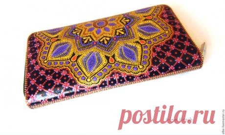 Купить Кошелек кожаный женский Альба точечная роспись - золотой черный, фиолетовый пурпурный