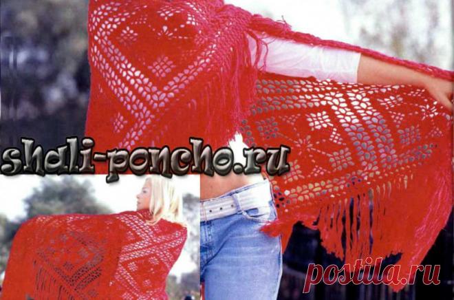 Ажурная красная шаль