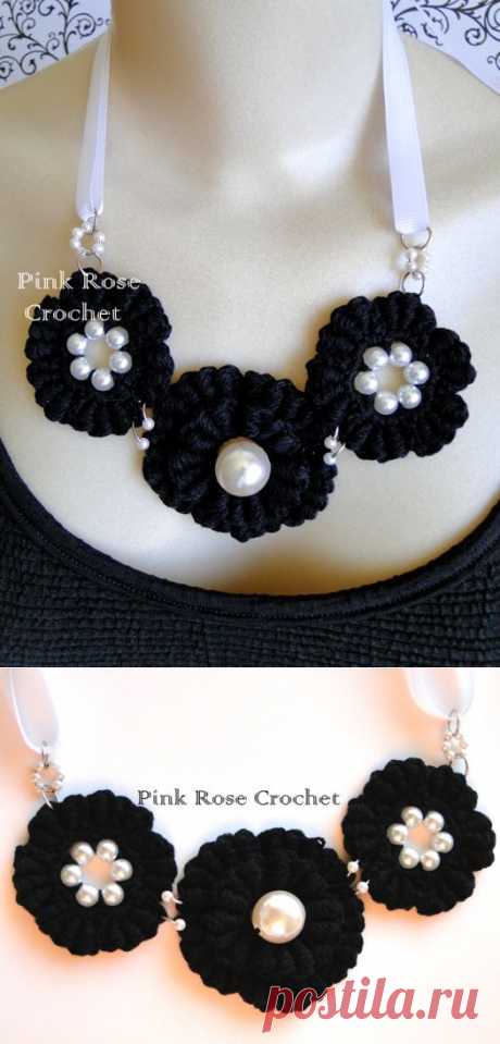 \ PINK ROSE CROCHET /: Black Crochet Necklace Colar Flor Rococó em Preto