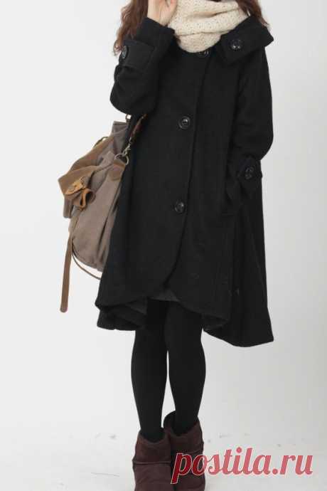 Winter Coat, Wool Coat, Wool Coat Cloak In black, Wool Loose Fitting Cape coat, Hooded Coat, Womens Coat Wool overcoat A font design, hem asymmetric, behind cute doll style, very thick, very warm, very large hat personality can be folded into the collar, the coat is very relaxed atmosphere was thin temperament, lovely, super nice!  【Fabric】 70% wool and 30% polyester Polyester lining 【Color】