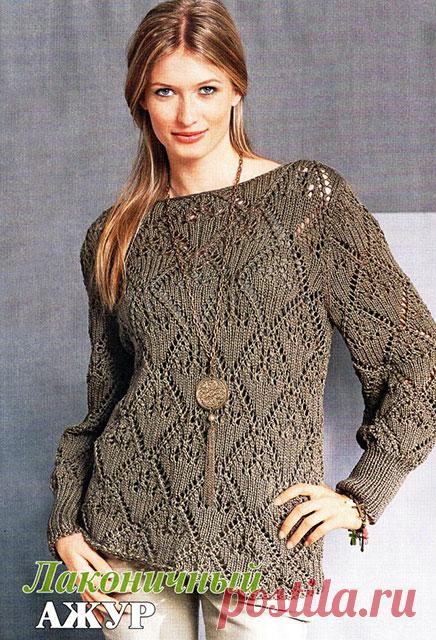 Женский пуловер из шелка с хлопком Лаконичный ажур с вырезом лодочка спицами – описание со схемой вязания