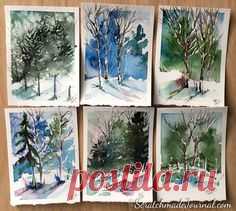 Watercolors of winter woodland landscape scenes - ScratchmadeJournal.com