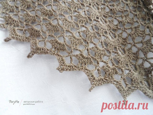 Шаль серо-коричневая       

Серо-коричневый теплый цвет, мягкая мериносовая итальянская пряжа, ненавязчивый ажур, что еще нужно для оригинального женского аксессуара, такого как шаль.

Размер серо-коричневой шали стандартный, 200 см размах, 90 см глубина, который позволяет носить ее и как шаль, и как бактус, и как шарф, и даже как снуд (обернув вокруг шеи в два раза).

Схема вязания представлена ниже. Заканчивала 9-ю ст/н, на пятом столбике пико из пяти возд. петель.

Вла...