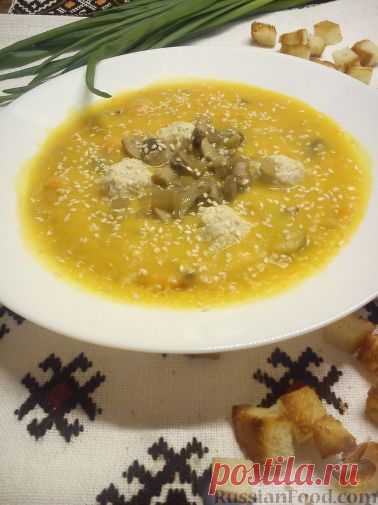 Рецепт: Крем-суп из тыквы и картофеля, с фрикадельками и гренками на RussianFood.com