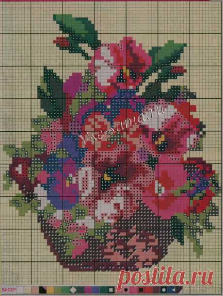 Ваза с цветами - схема вышивки крестиком - Схемы вышивки цветов