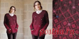 Жаккардовый джемпер Cinnabar Женский жаккардовый джемпер из новой коллекции Рован осень-зима 2017-2018 вяжется спицами двухцветным жаккардовым узором с изюминкой в виде разбросанных вышитых мохером квадратиков и с карманами.