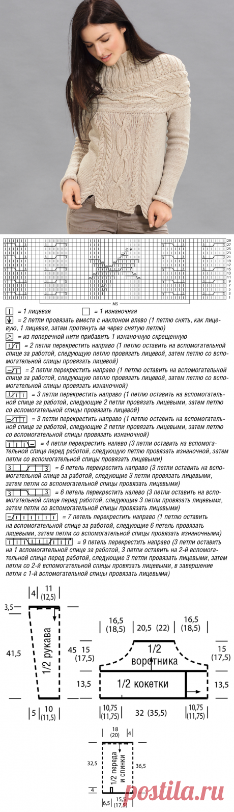 Свитер с кокеткой из «кос» - схема вязания спицами. Вяжем Свитеры на Verena.ru