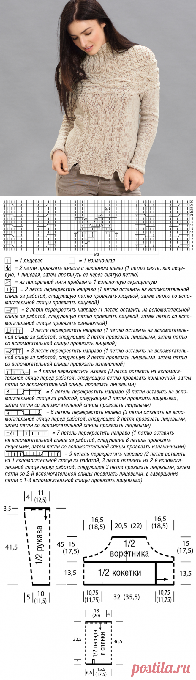 Свитер с кокеткой из «кос» - схема вязания спицами. Вяжем Свитеры на Verena.ru