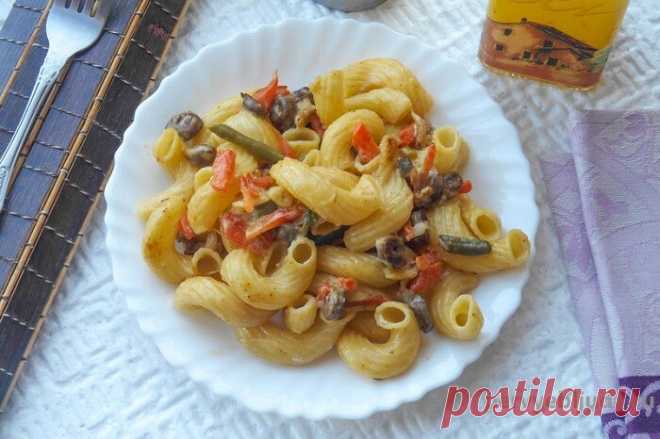Итальянская паста каватаппи с куриными сердечками и спаржевой фасолью - вкусный обед!