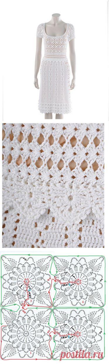 Белое платье. Безотрывное вязание