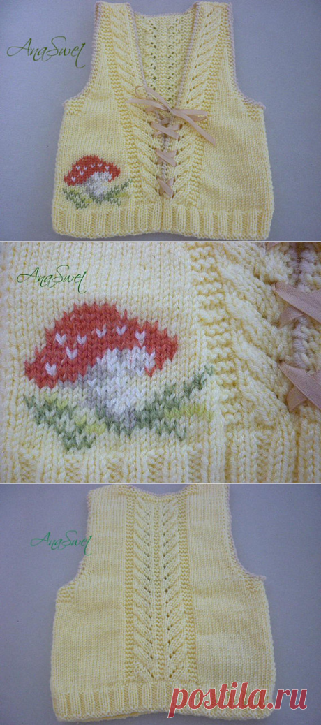 Hand knit baby vest.Yellow baby vest with satin band.