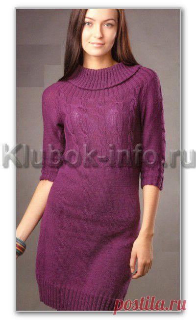 Женское вязание спицами. Однотонное платье с круглой кокеткой, и с узором косы. Размеры: 38-40