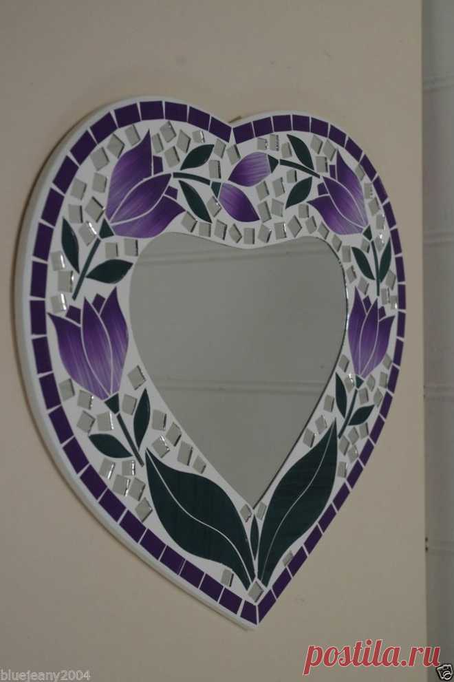 Mosaic Purple Tulip Heart Mirror 30 cm Includes Next Day Delivery