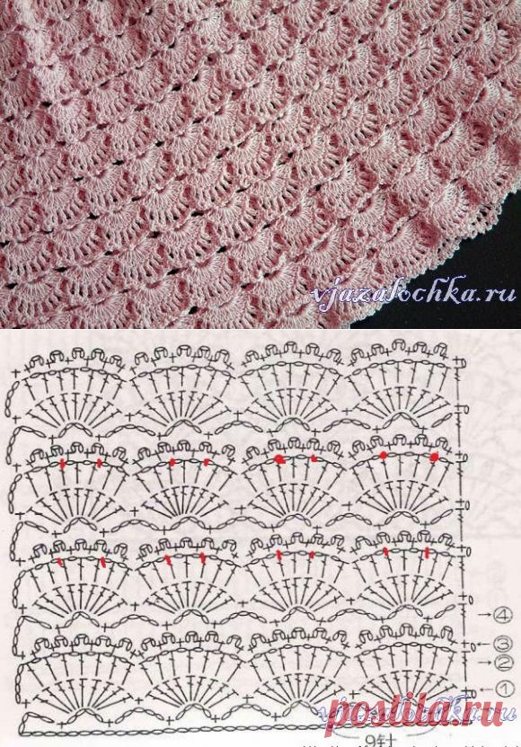 Великолепный узор «Веерки и ракушки» крючком, схема