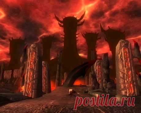 Третий из семи рэндомных миров Обливиона (Random Oblivion World 3). Перед нами разрушенный мост с трупом пегой лошади, а вдали видны пять башен на основном острове, отделенном от нас лавой. Чтобы перебраться туда, придется воспользоваться пещерами, вход в которые расположен немного к северо-западу от портала. Вспомогательные башни в этом мире организованы попарно. Левые и правые имеют одинаковое устройство, функции и название. Ближняя пара называются Шпилевое святилище, дальняя – Источник крови.