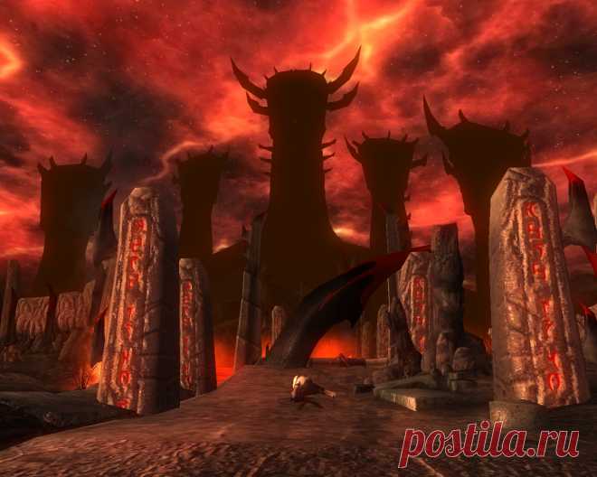 Третий из семи рэндомных миров Обливиона (Random Oblivion World 3). Перед нами разрушенный мост с трупом пегой лошади, а вдали видны пять башен на основном острове, отделенном от нас лавой. Чтобы перебраться туда, придется воспользоваться пещерами, вход в которые расположен немного к северо-западу от портала. Вспомогательные башни в этом мире организованы попарно. Левые и правые имеют одинаковое устройство, функции и название. Ближняя пара называются Шпилевое святилище, дальняя – Источник крови.