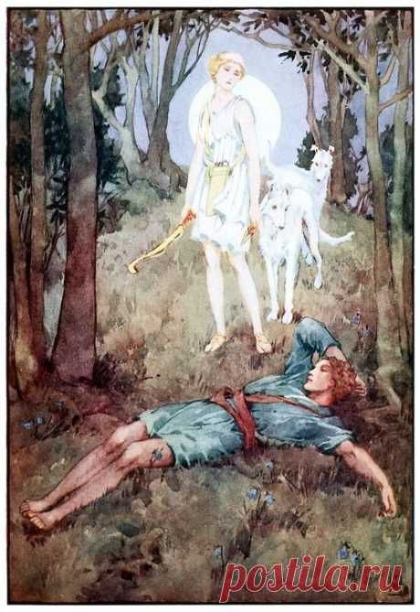 She checked her hounds, and stood beside Endymion. Helen Stratton, from A book of myths, by Jeanie Lang, New York, 1915.