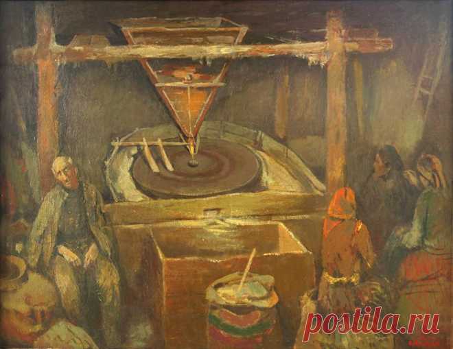 Հուշերի ջրաղացում. Էդուարդ Արծրունյան
Memories of the mill. Edward Artsrunyan
.Ջրաղացում, 1971
In the mill 1971
Ջրաղացում, 1989 թ
«Ռեմբրանտին շատ կսիրեմ, ինձ նման ջրաղացպանի որդի էր, ինքն էլ շատ ջրաղաց կնկարեր»,-ասել է նկարիչ Էդուարդ Արծրունյանը:
Իրականում ջրաղացը Արծրունյանի մանկության հուշերի և իրական կյանքի հանգրվանն է, որը նրան թույլ է տվել ստեղծելու իր` արծրունյանական աշխարհը, որով էլ նա առանձնանում է իր վրձնակից ընկերներից: