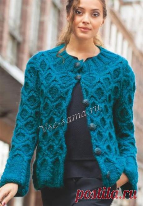 Иссиня-зеленый жакет с узором из ромбов. Описание, схема и выкройка