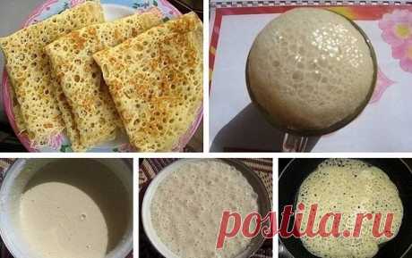 Ажурные блинчики
Эти блины получаются очень вкусными, тонкими, нежными.

Даже если вы никогда не пекли блины, по этому рецепту они получаются у всех! Попробуйте!

Ингредиенты
- Молоко (2,5% жирности) — 3 и 1/4 стакана
- Сухие дрожжи — 10г.
- Куриные яйца — 2 шт.
- Мука высшего сорта — 500г.
- Сахар — 2 ст.л.
- Соль — 1 ч.л.
- Растительное масло — 2 ст.л.
Инвентарь:

- Сковорода
- Миска
- Сито
- Лопатка
- Половник
- Столовая ложка
Приготовление
Подготавливаем дрожжи
Высыпае...