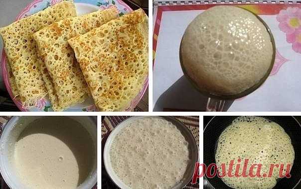 Ажурные блинчики
Эти блины получаются очень вкусными, тонкими, нежными.

Даже если вы никогда не пекли блины, по этому рецепту они получаются у всех! Попробуйте!

Ингредиенты
- Молоко (2,5% жирности) — 3 и 1/4 стакана
- Сухие дрожжи — 10г.
- Куриные яйца — 2 шт.
- Мука высшего сорта — 500г.
- Сахар — 2 ст.л.
- Соль — 1 ч.л.
- Растительное масло — 2 ст.л.
Инвентарь:

- Сковорода
- Миска
- Сито
- Лопатка
- Половник
- Столовая ложка
Приготовление
Подготавливаем дрожжи
Высыпае...