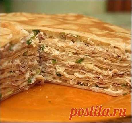 Блинный пирог с курицей и грибами. | Colors.life