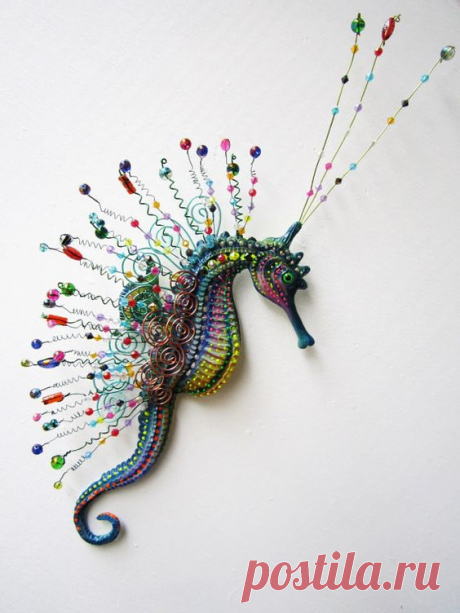 Colored wires and other embellishments make this seahorse a one of a kind creation. He is entirely handmade by me from start to finish. The original I sculptured from clay and this guy is made from a…