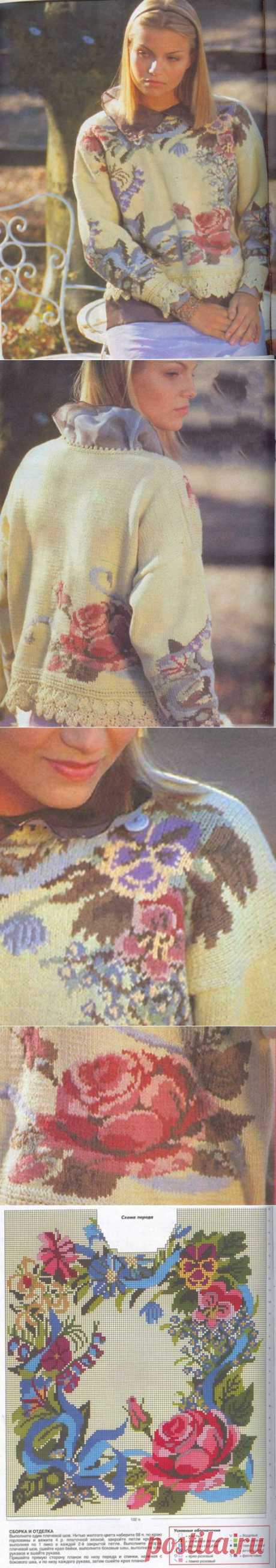 Белый пуловер с цветочным жаккардом | Шкатулочка для рукодельниц