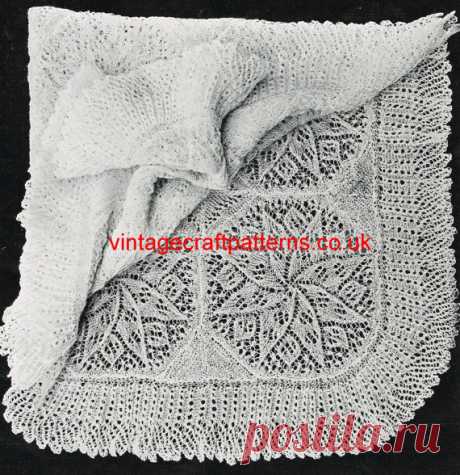 Knitted Square baby shawl viennese lace style vintage knitting pattern PDF instant download Knitted Square baby shawl    instructions say size 16 which is very very fine - but as with all vintage patterns I think you would produce a stunning shawl using a fine lace play or baby wool    The size finished is 30 using the wool recommended at the turn of the century !    You could actually easily make this to a size to suit you as it is knitted in pieces and sewn together.