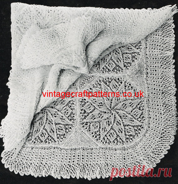 Knitted Square baby shawl viennese lace style vintage knitting pattern PDF instant download Knitted Square baby shawl    instructions say size 16 which is very very fine - but as with all vintage patterns I think you would produce a stunning shawl using a fine lace play or baby wool    The size finished is 30 using the wool recommended at the turn of the century !    You could actually easily make this to a size to suit you as it is knitted in pieces and sewn together.