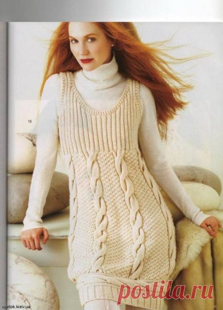 Белый, теплый сарафан "Жемчужина". Вязаный спицами