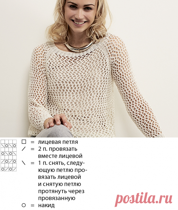Ажурный джемпер с рукавами реглан - схема вязания спицами. Вяжем Джемперы на Verena.ru
