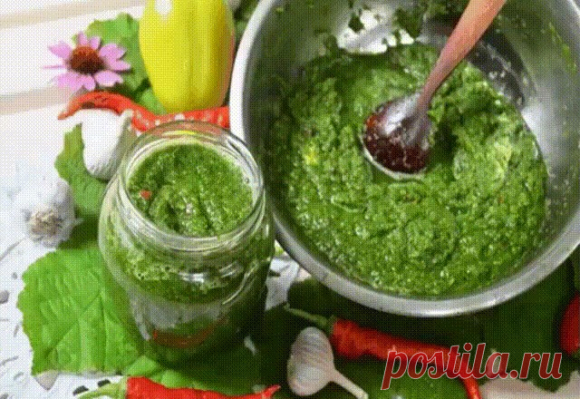 Зеленая аджика  это вкусная приправа ко многим блюдам: к мясу, к картошке, она очень полезная для здоровья и долголетия. Зеленая аджика  это вкусная приправа ко многим блюдам: к мясу, к картошке, она очень полезная для здоровья и долголетия. Ее можно кушать сразу или хранить в холодильнике до следующего лета, если только там что-то останется. Готовится необычайно просто и вкусно. Очень вкусно! Тот, кто попробует один раз, больше не сможет отказаться от нее.))) 
Состав: 
3-...