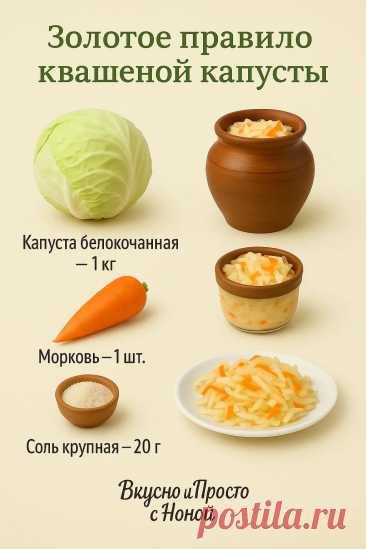 Золотое правило квашеной капусты
Квашеная капуста — идеальная закуска и кладезь витаминов  
Главное — соблюдать простое золотое правило: на 1 кг капусты всегда берём 20 г соли  

Ингредиенты:
Капуста белокочанная — 1 кг
Морковь — 1 шт.
Соль крупная — 20 г (2% от веса капусты)

Как готовлю:
Нашинковываю капусту, морковь натираю на тёрке.
Добавляю соль — ровно 20 г на каждый килограмм (это важно!).
Переминаю руками, пока не появится сок.
Укладываю в банку или горшок, плотно ...