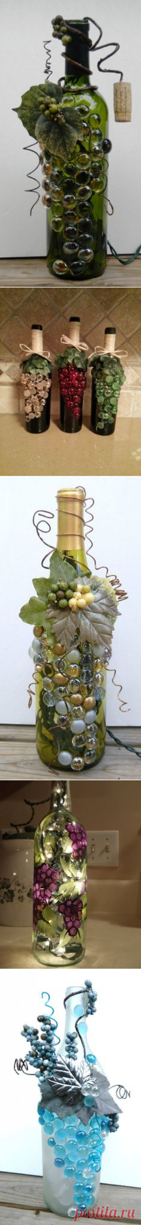 (10) Decorative Embellished Green Wine Bottle Light with Glass Gems, Leaves, and Berries, Night Light, Bottle Lamp, Wine Grapes Decor