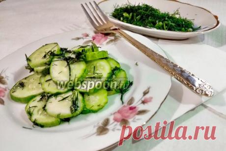 Салат из огурцов с чесноком  Огуречный салат с чесноком 
Летний освежающий салат из огурцов и укропа, заправленный чесноком и подсолнечным маслом.  
Укроп отлично сочетается с чесноком и придаёт особый вкус огурцам. Неотъемлемым плюсом данного блюда является то, что оно довольно лёгкое в приготовлении и не требует большого количества ингредиентов. 
Так же салат замечательно подходит к картофелю: как к жареному, так и к варёному в виде  пюре .