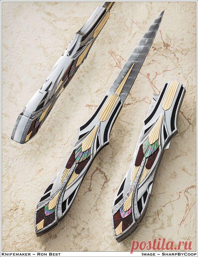 Нож складной от Ron Best. Дамасская сталь. Вставки из перламутра, золота.
