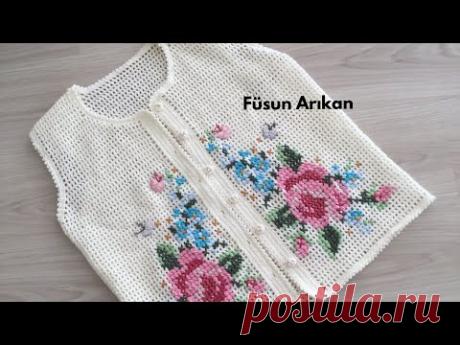 KANAVİÇE İŞLEMELİ  TIĞ İŞİ ÖRGÜ YELEK (CROSSSTİTCH ON CROCHET VEST)
