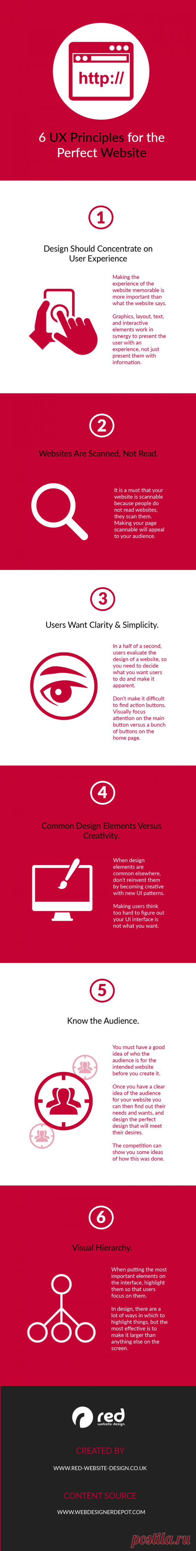 6 Design Principles for the Perfect Website 
Design should concentrate on user experience
Websites are scanned, not read
Users want clarity and simplicity
Common design elements versus creativity
Know the audience
Visual hierarchy